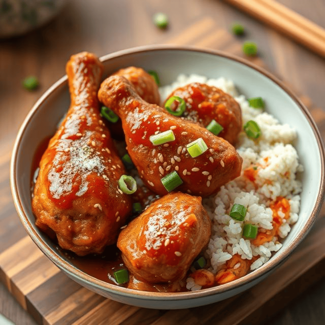 Sweet and Spicy Korean [MOCK]® Chicken Drumsticks with Kimchi Rice
